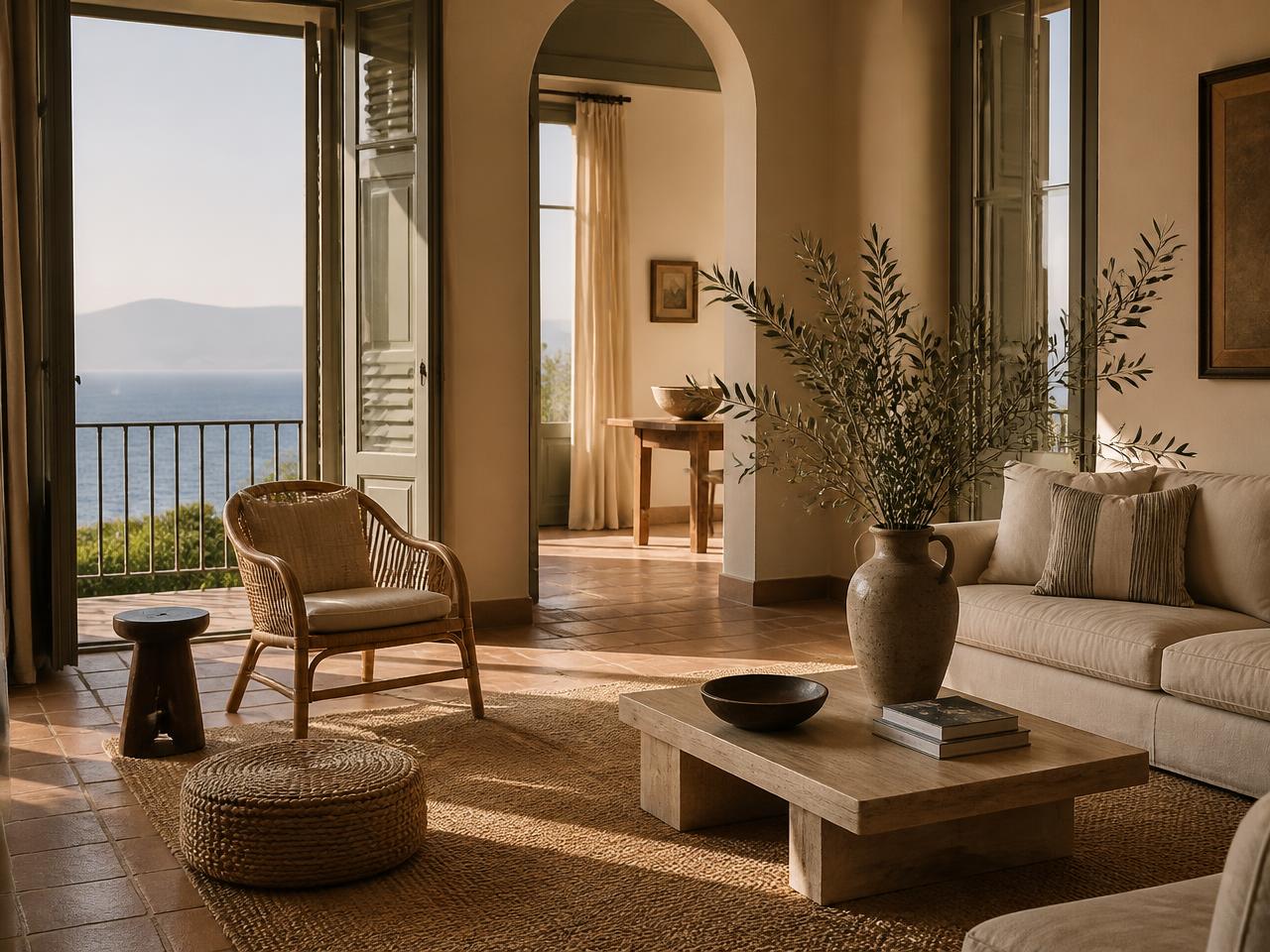 Neoclassic boho seaside living room with an arched doorway opening onto a sea view